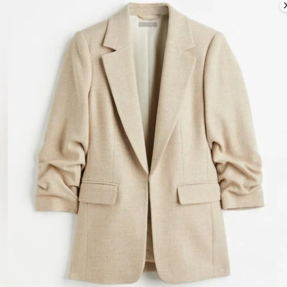 H&M Light Tan Gathered-sleeve Jacket Blazer/L